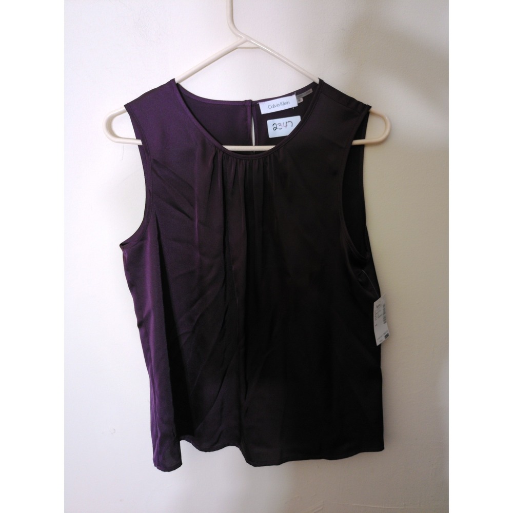 Calvin Klein Sleeveless Blouse Women M Purple Pleated Neck Professional Elegant